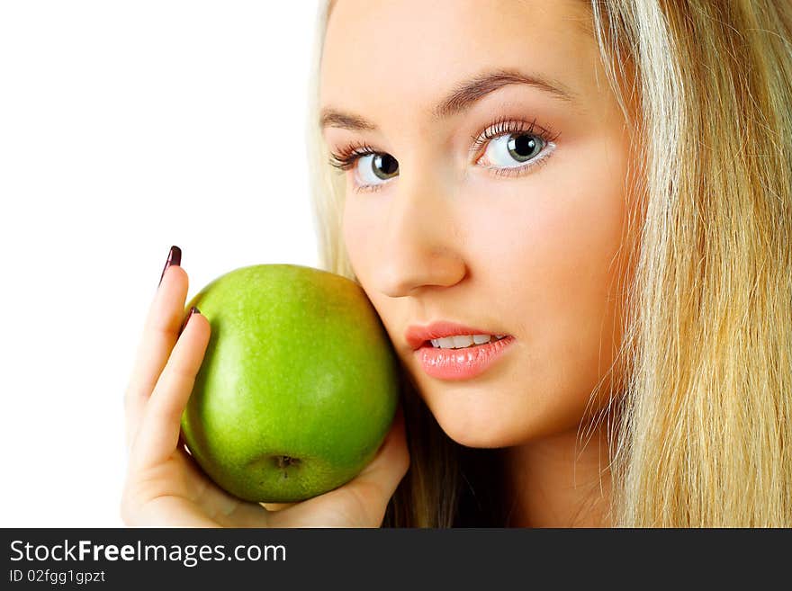 Woman with green apple.