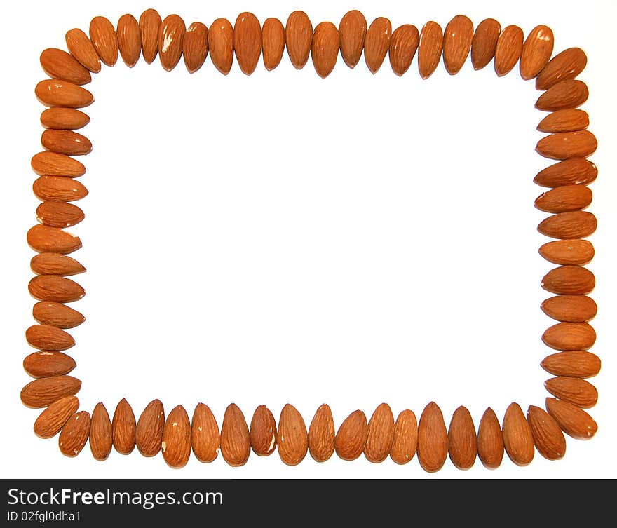 Almonds picture frame on a white background. Almonds picture frame on a white background