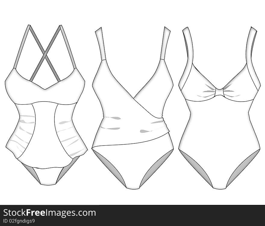 Ladies missy swimwear block sketches with shadow and fabric layering details. Ladies missy swimwear block sketches with shadow and fabric layering details