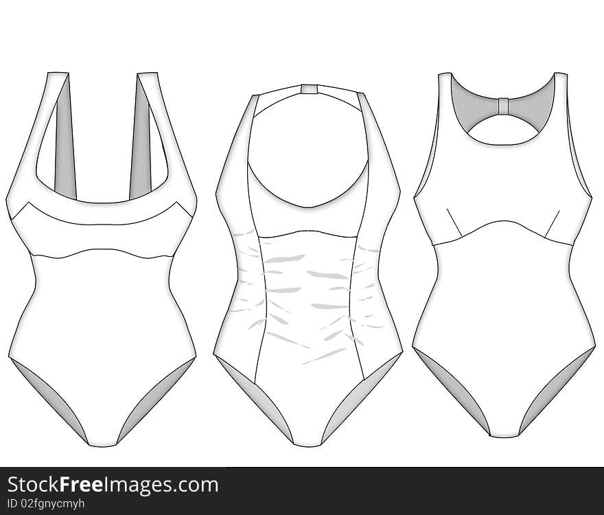 Ladies missy swimwear vector block sketches with shadow and fabric layering details. Ladies missy swimwear vector block sketches with shadow and fabric layering details