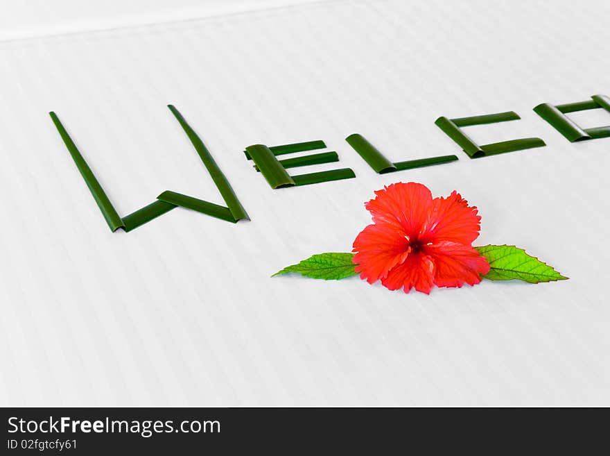 Word Welcome And Flower On Bed In Hotel