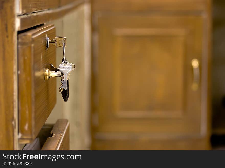 Rough Interior of a locker room with Key ring on storage door