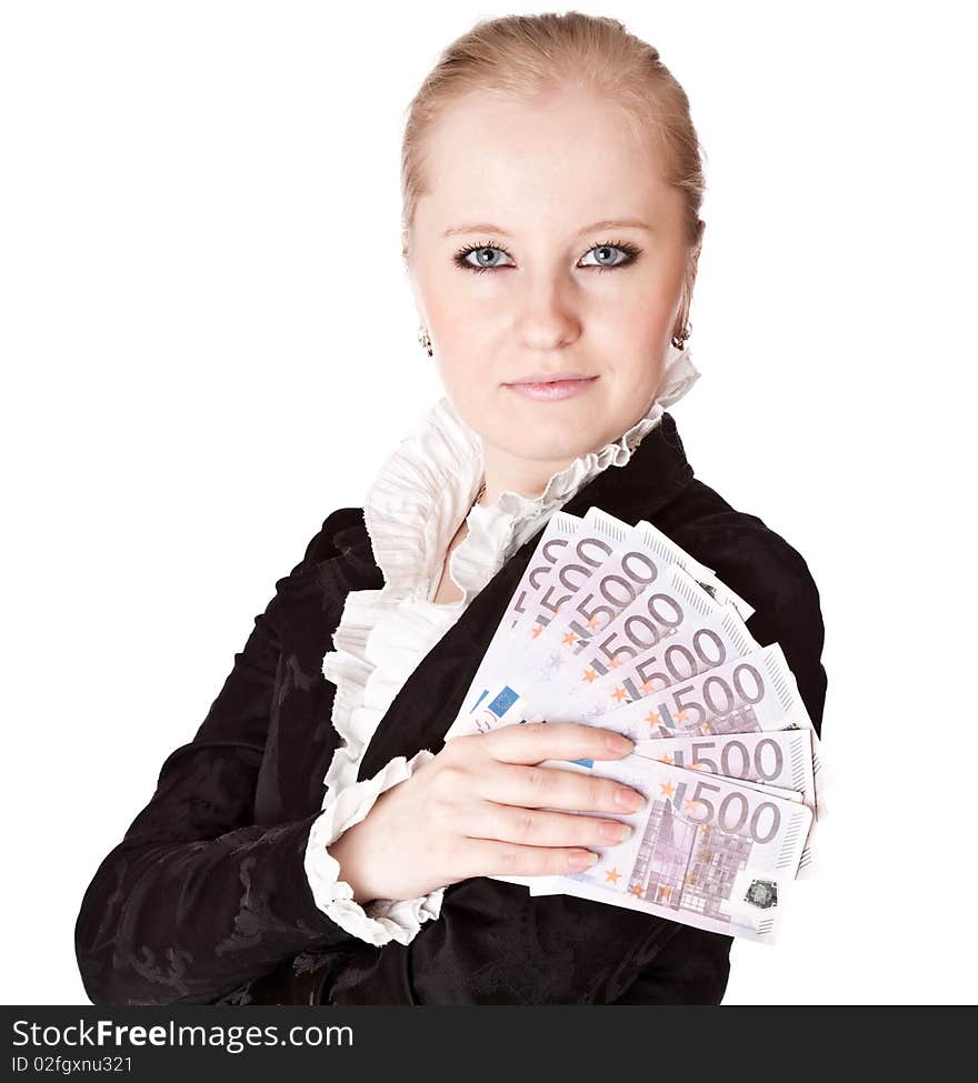 Beautiful girl with money. Isolated on white