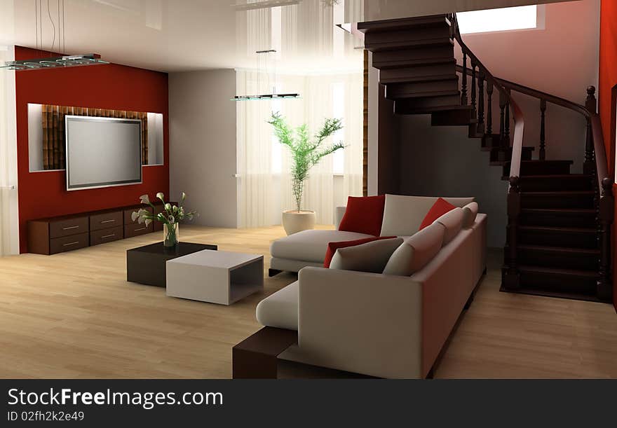 White sofa and stair in a drawing room 3d image