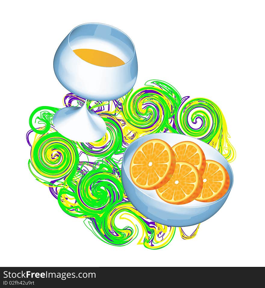 Goblet with juice and plate with orange. Goblet with juice and plate with orange