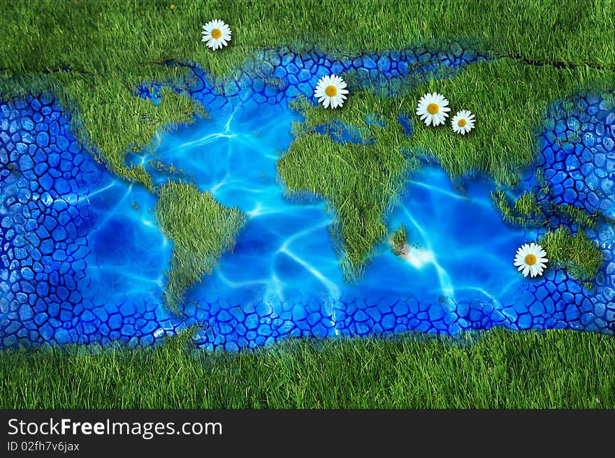 Green map of the earth with daisies - eco collection