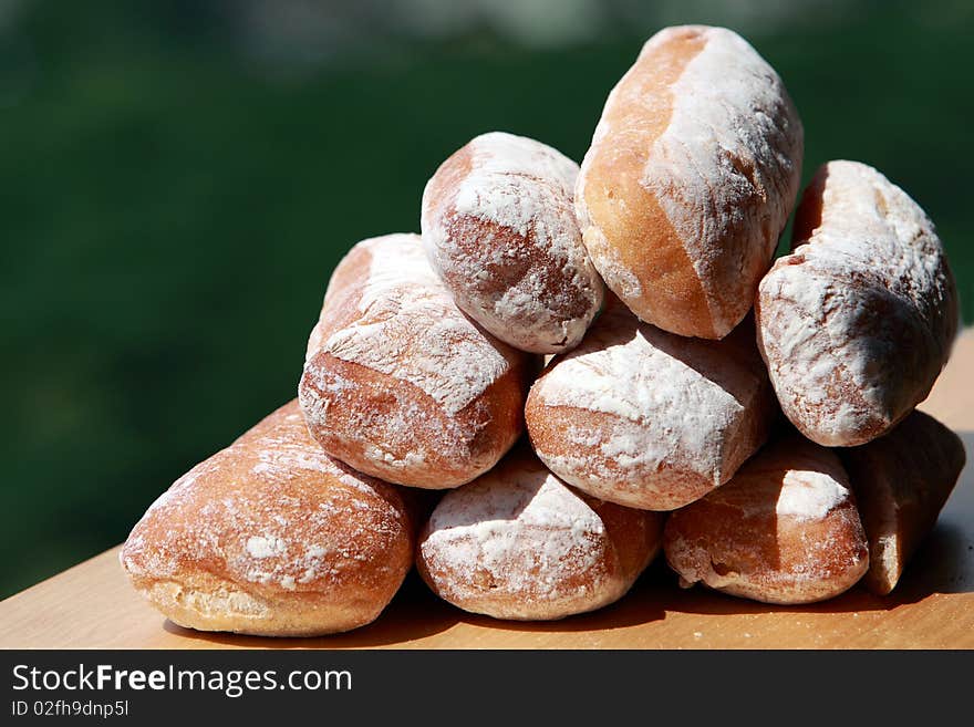 Eight Loaves of fresh baked bread at outdoor