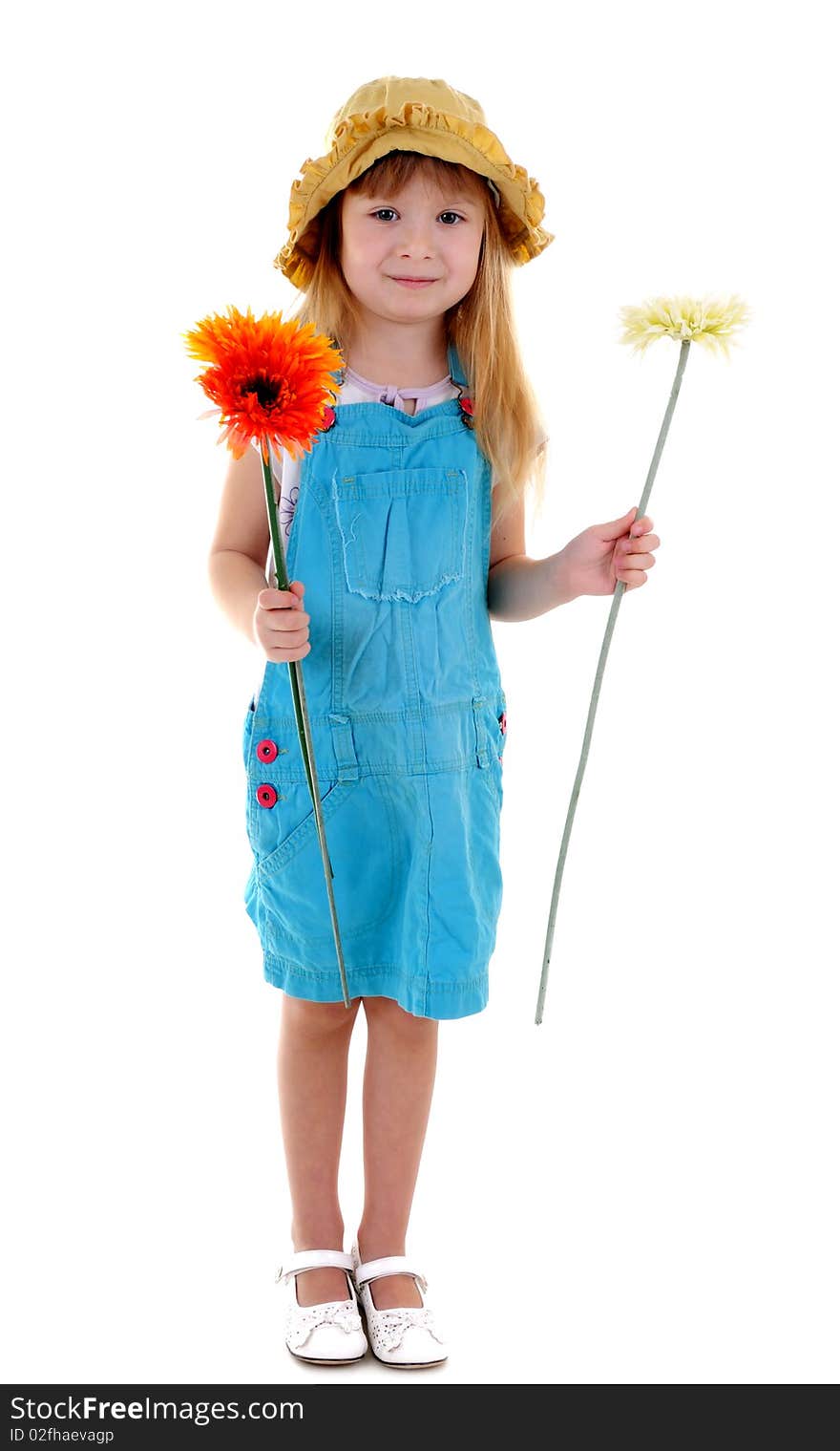 Beauty small girl with three flowers on white background. Beauty small girl with three flowers on white background