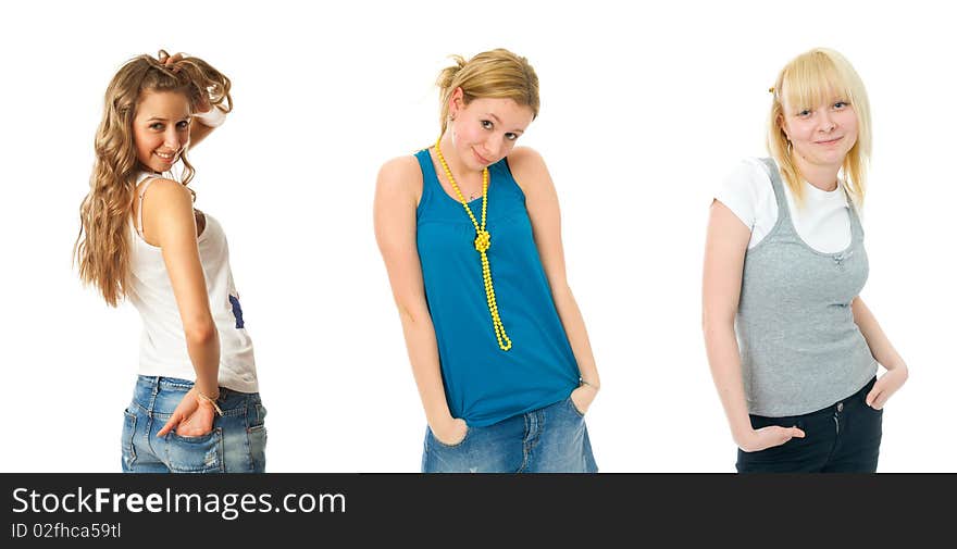 Three attractive girls isolated on a white background