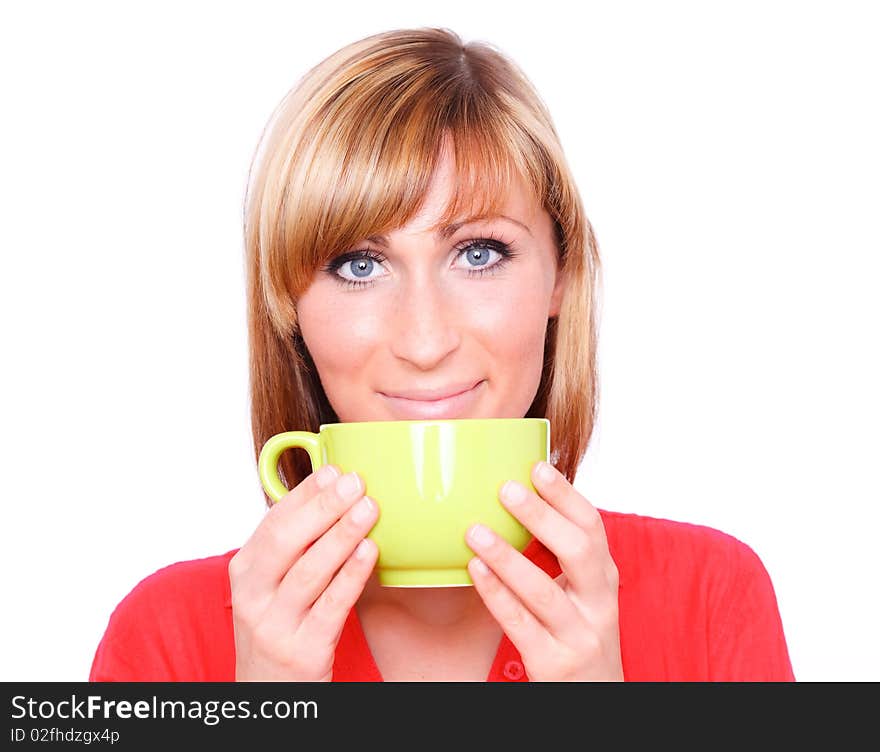 Isolated female holding green tea. Isolated female holding green tea