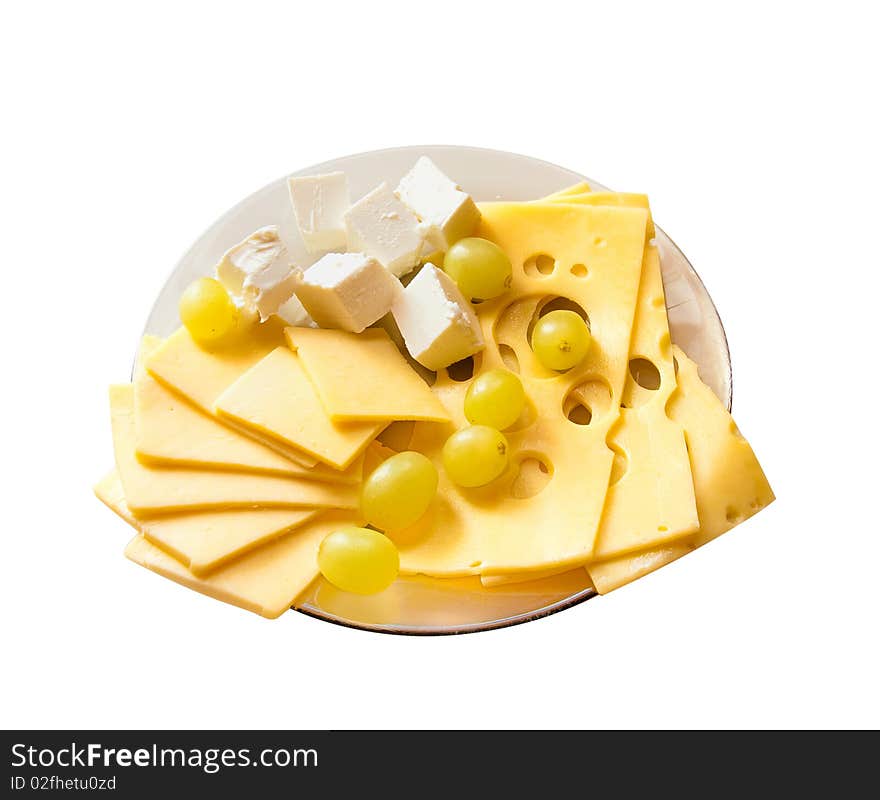 Dish with different kinds of the cheese, isolated on a white background