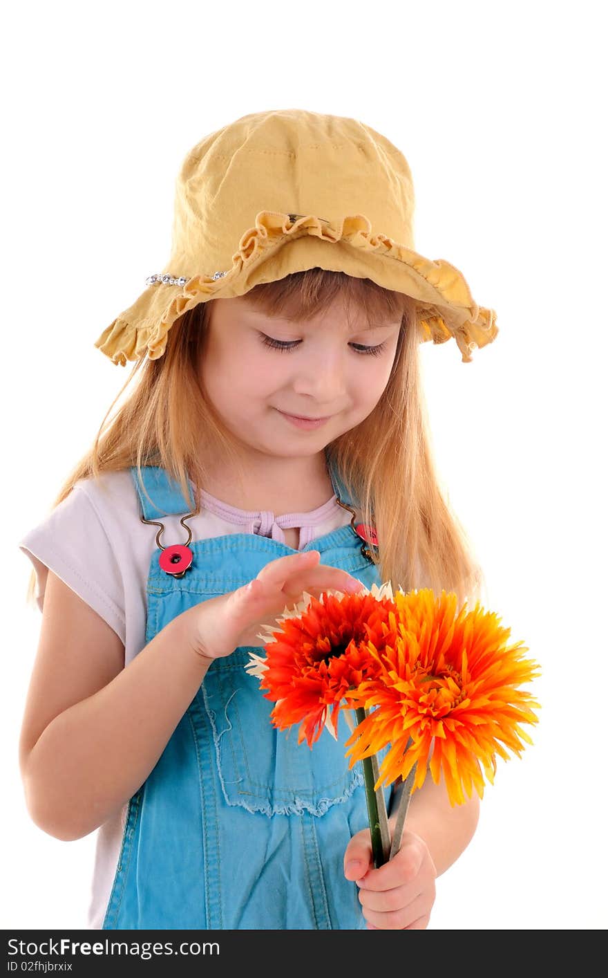 Beauty small girl with three flowers on white background. Beauty small girl with three flowers on white background