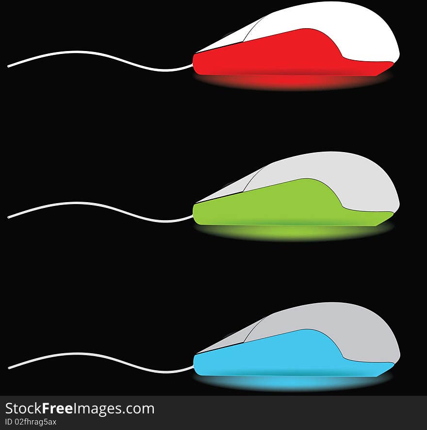 Three multi-coloured computer mice with a piece of a feeding cord and the bottom illumination are located one under another on a black background. Three multi-coloured computer mice with a piece of a feeding cord and the bottom illumination are located one under another on a black background