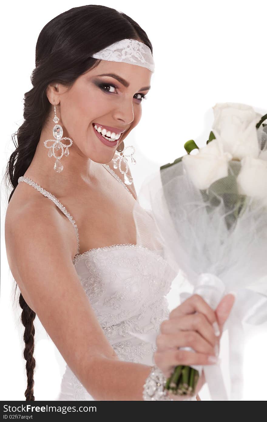 Bride with wedding bouquet over white background