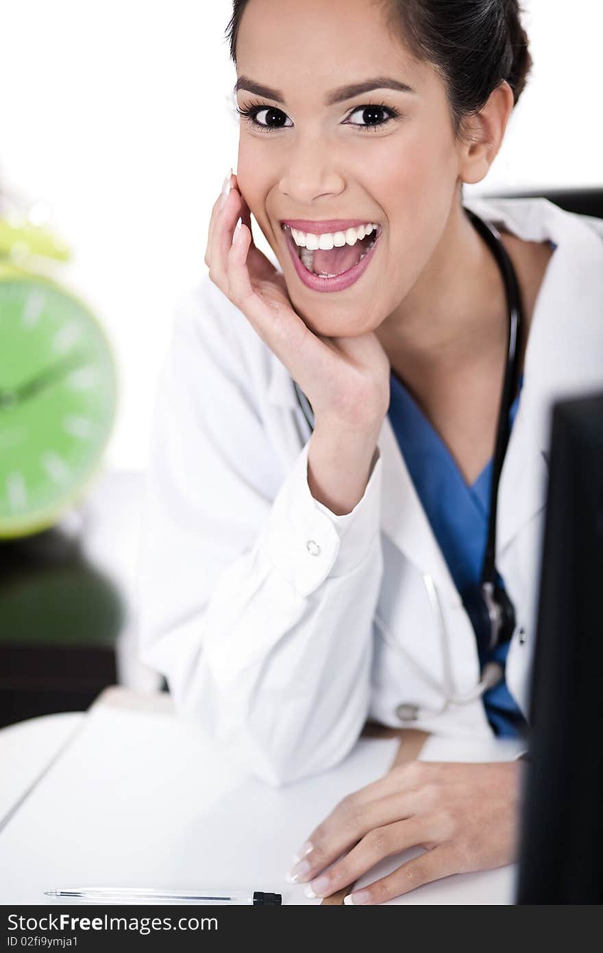 Closeup shot of young asian female doctor in isolated white background