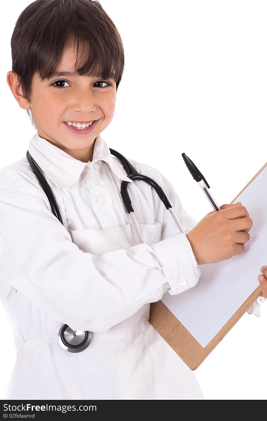 Little boy doctor writes on his clipboard for diagnosis on white background