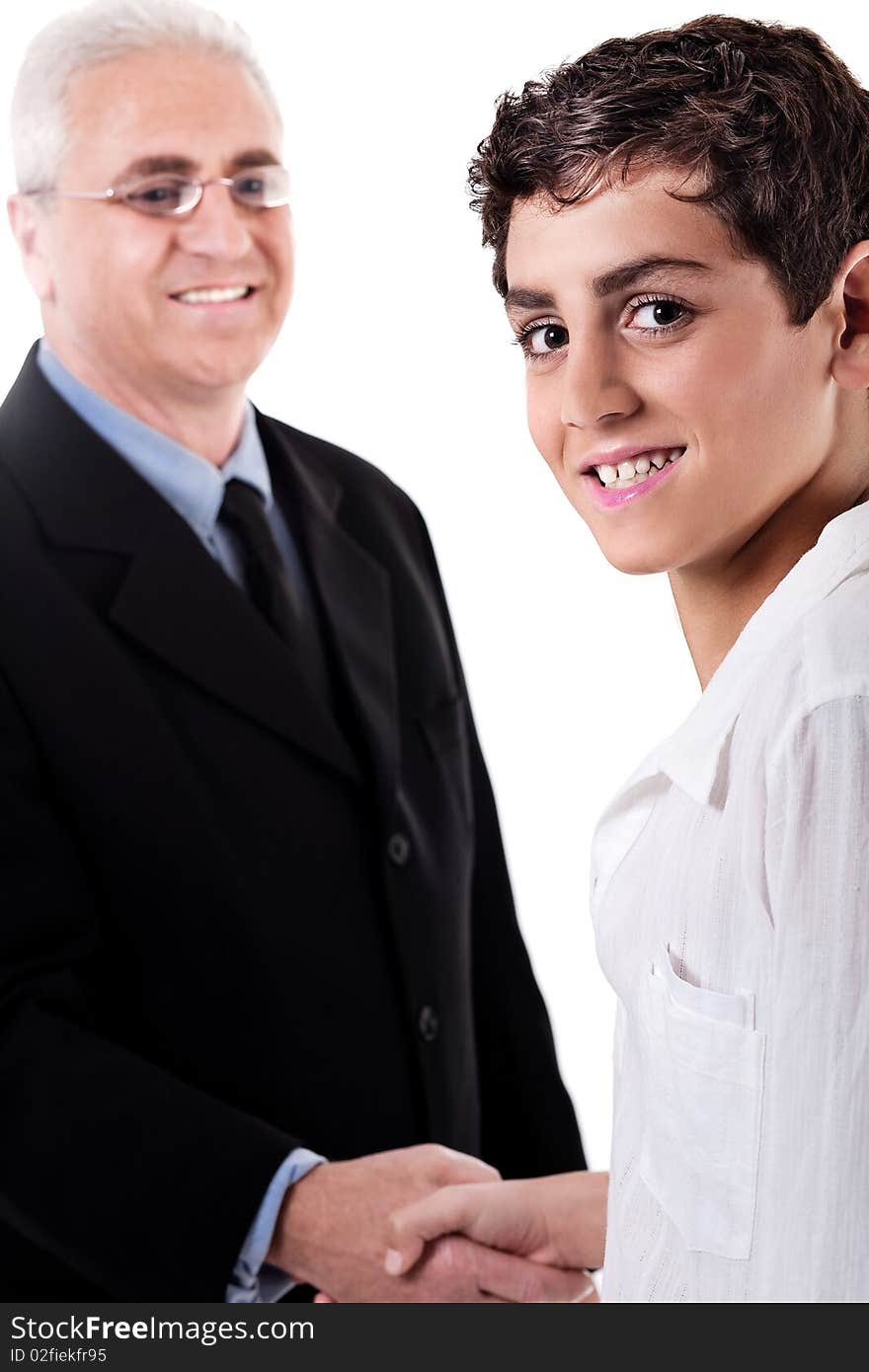 Business man handshake with a young boy on isolated white background