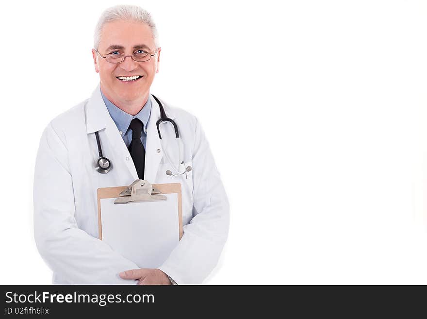 Senior doctor holding clipboard on isoalted white background