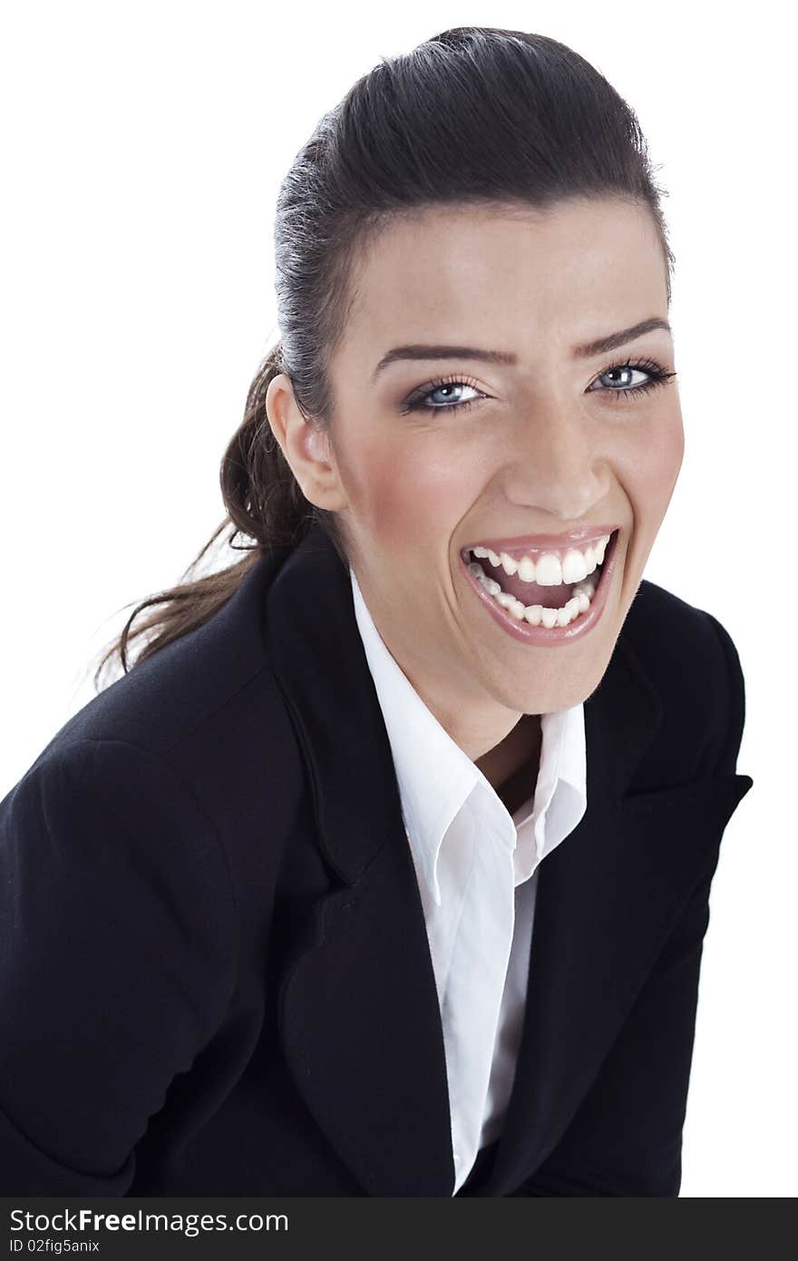 Happy business woman smiling on white background