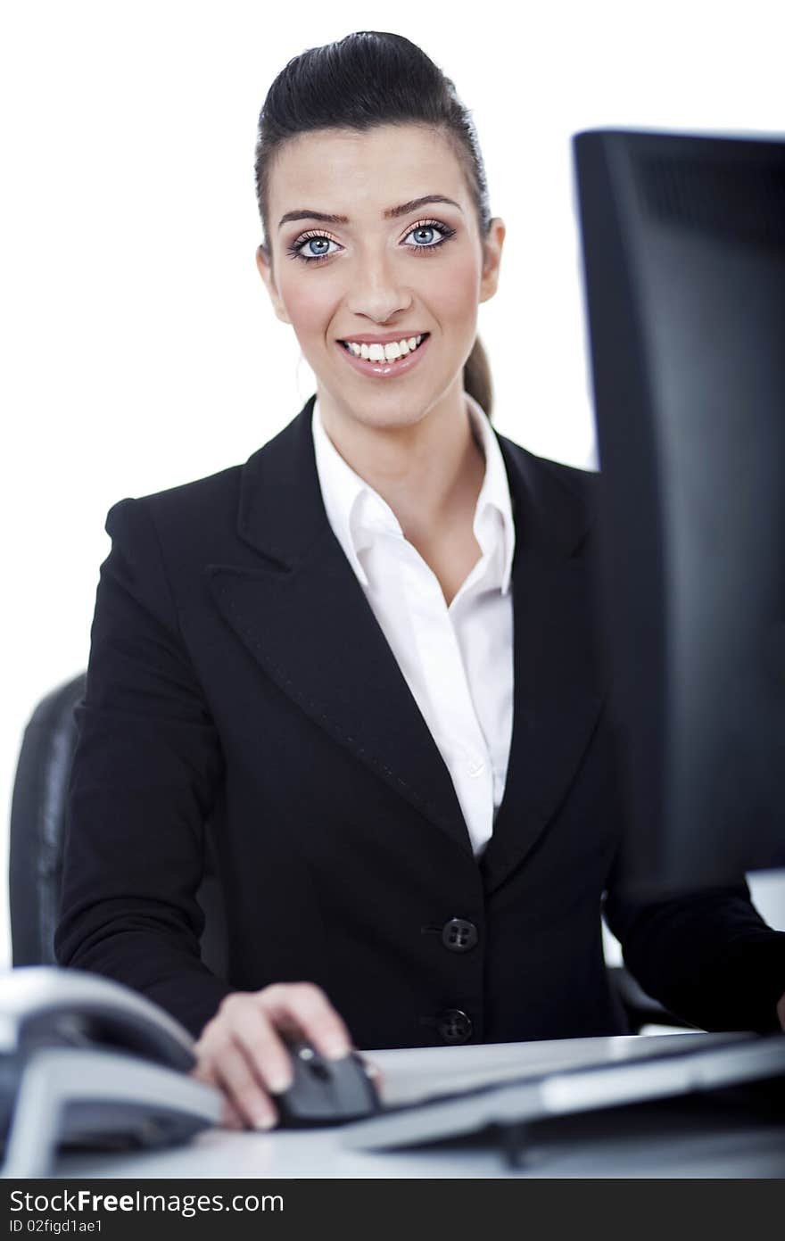 Business woman working at office over white background