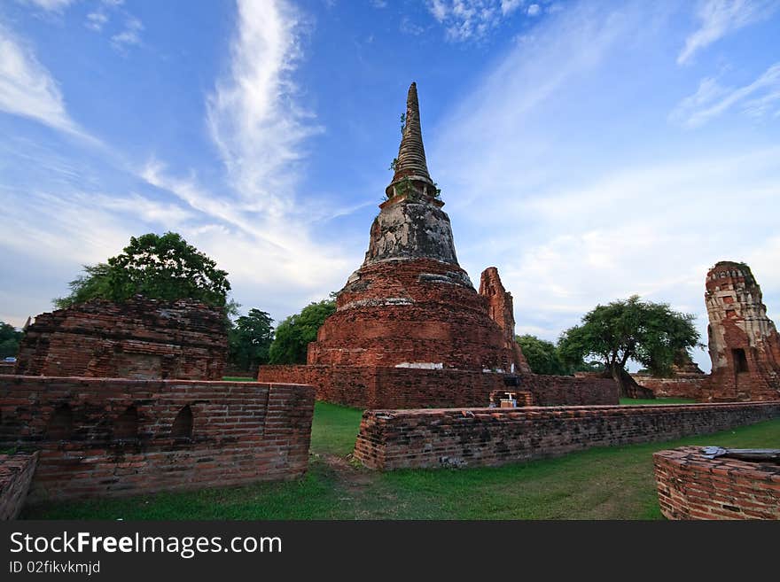 Old temple with blue sky in Ayuttaya Thailand