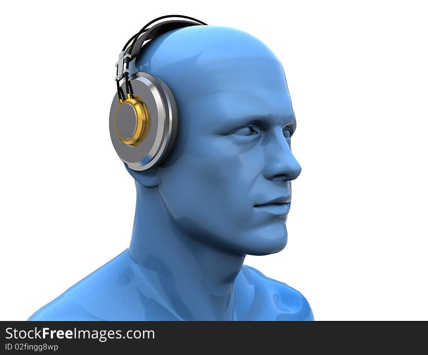 Abstract 3d illustration of man head in headphones. Abstract 3d illustration of man head in headphones