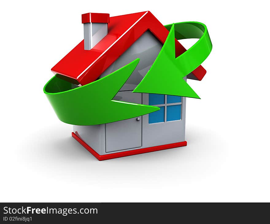 Abstract 3d illustration of house with green arrow cycle symbol. Abstract 3d illustration of house with green arrow cycle symbol