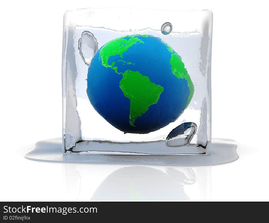 Abstract 3d illustration of ice cube with earth inside. Abstract 3d illustration of ice cube with earth inside