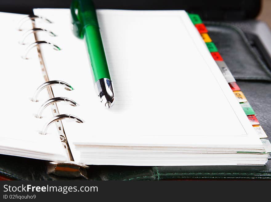 Green pen lying on a open leather organizer