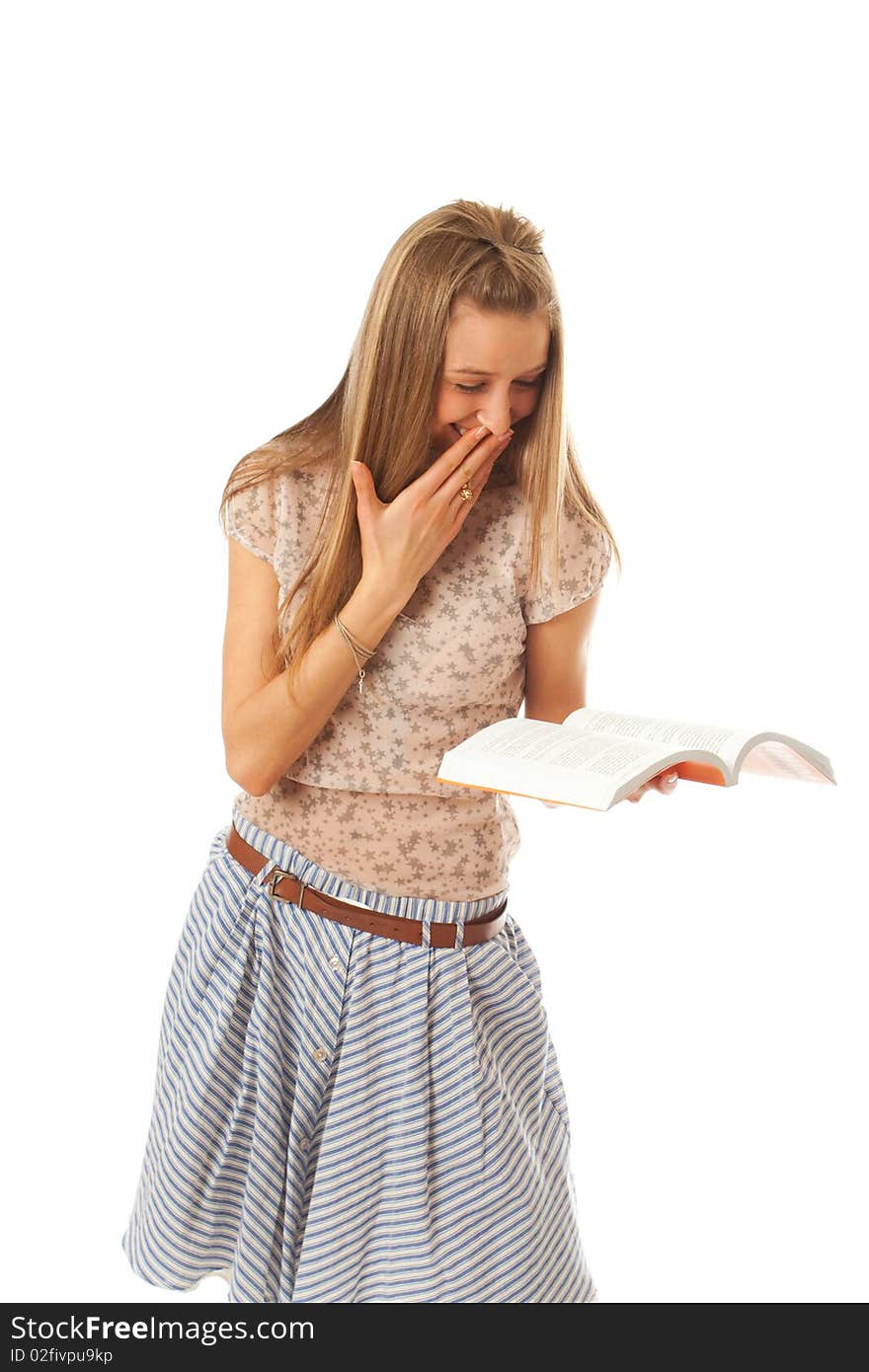 The young beautiful student with the book isolated on a white background