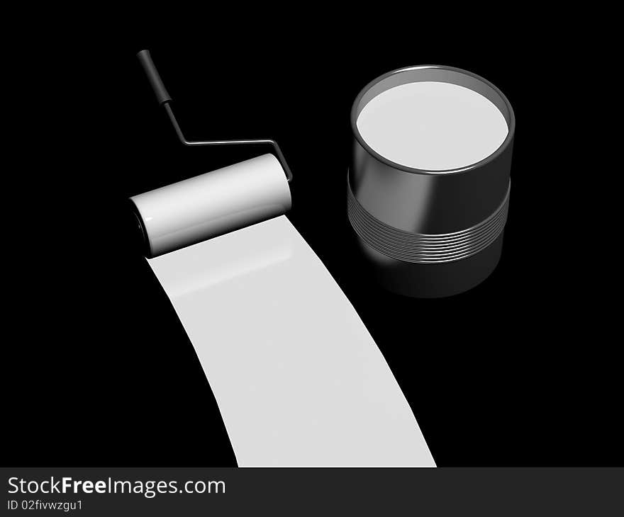 White paint. Roller and steel can isolated on white background. High quality 3d render.