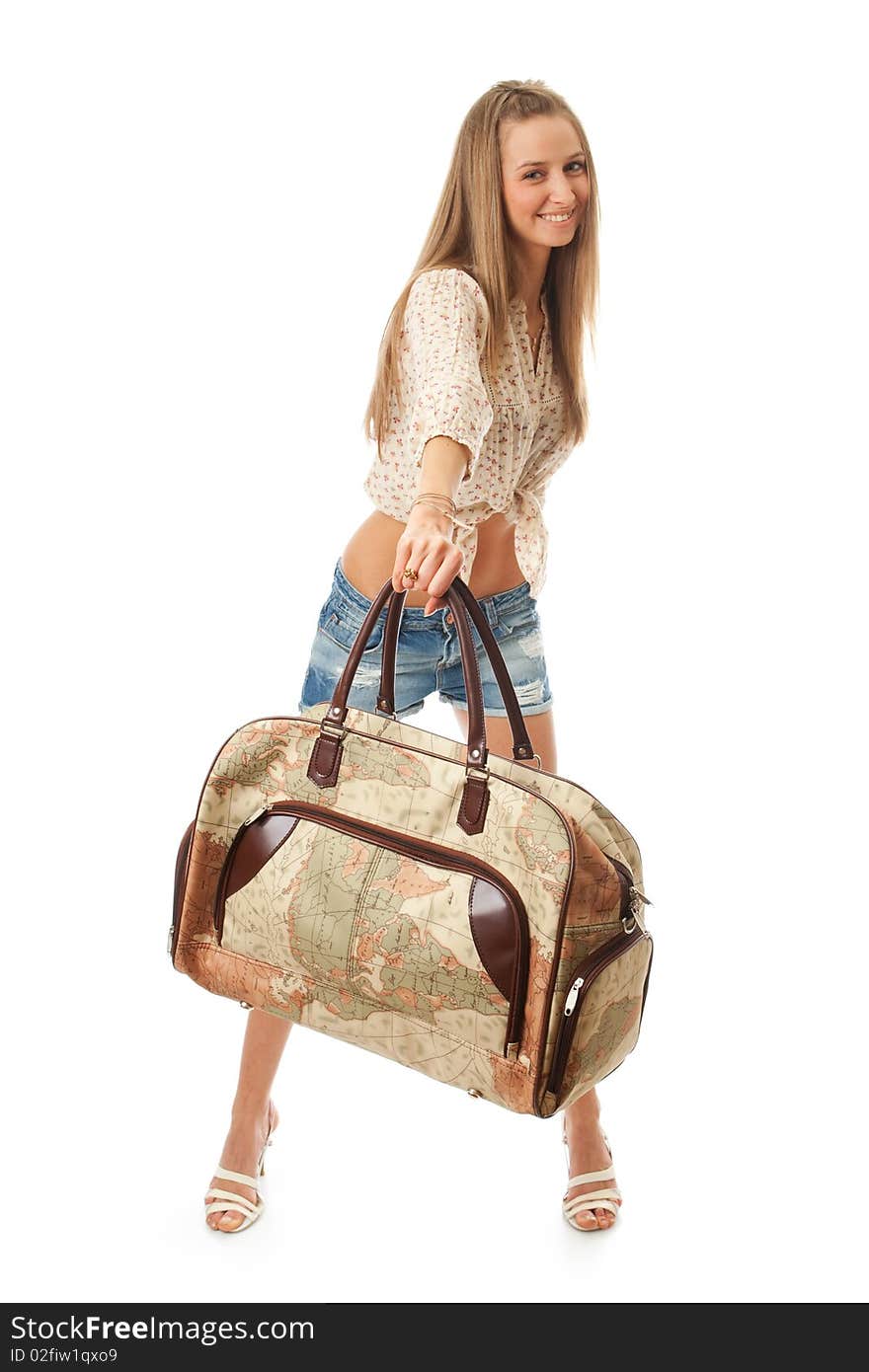 The young beautiful girl with a bag isolated on a white background