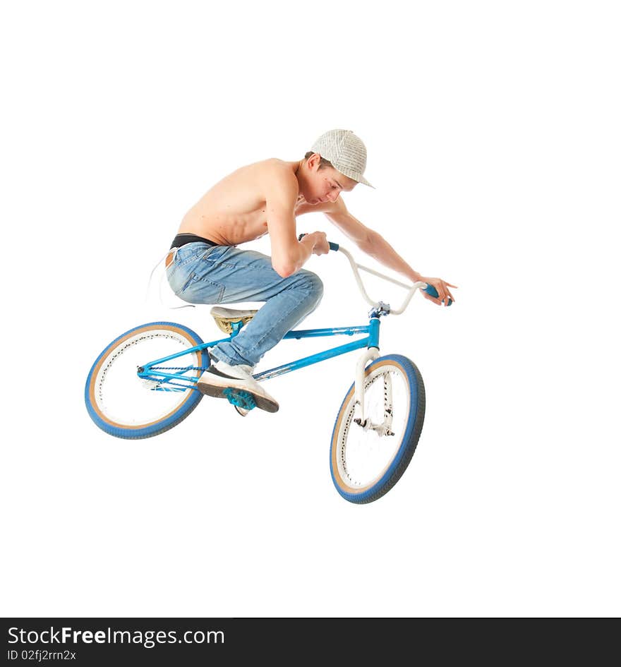 The young guy with a bicycle isolated on a white