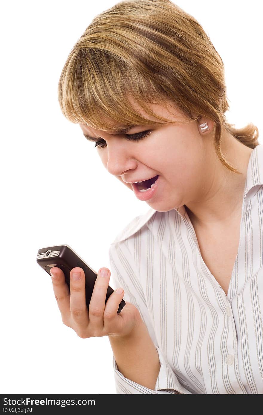 Angry student is on the phone on a white background