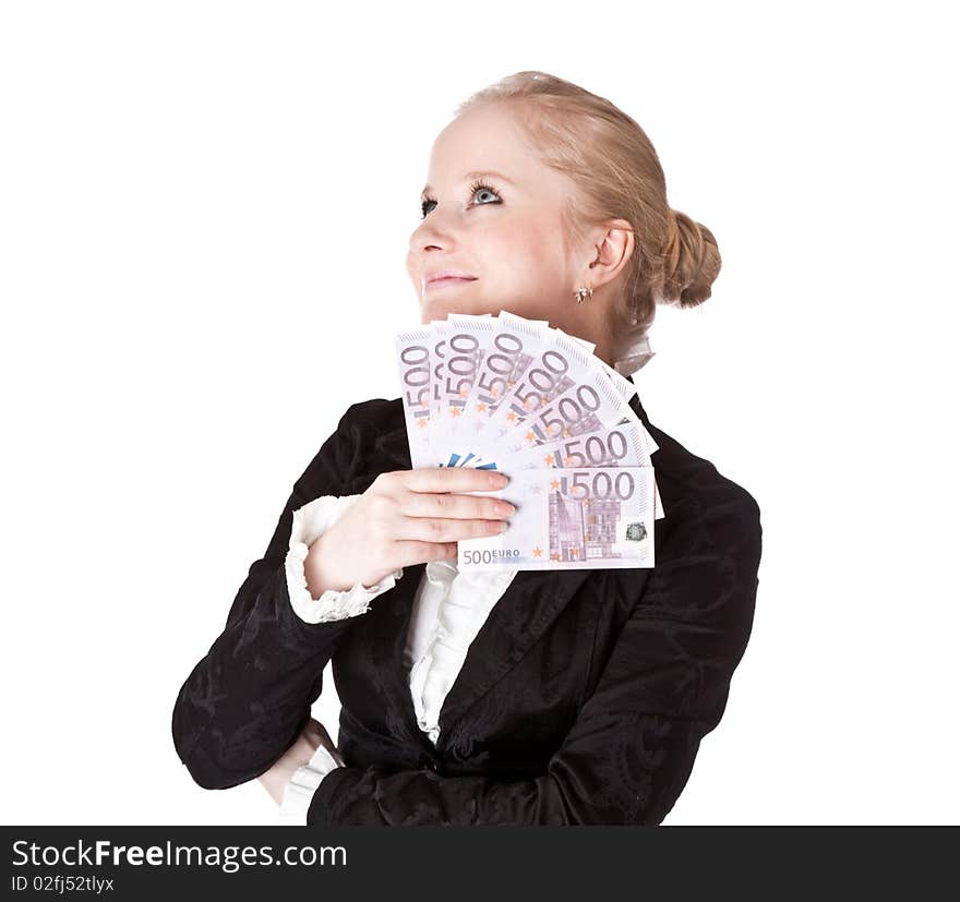 Beautiful girl with money. Isolated on white