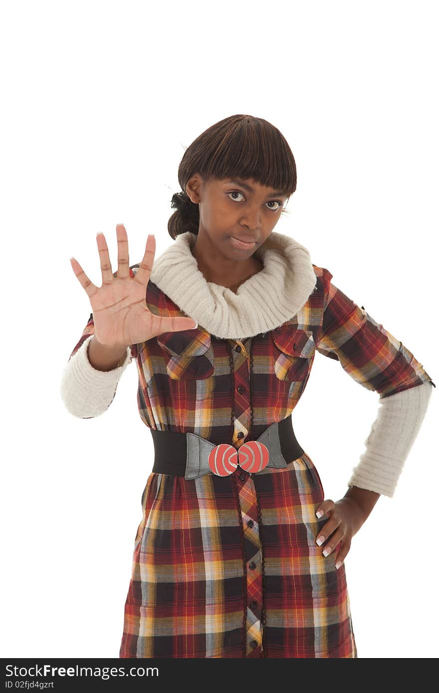 Young black female in fibrant clothing gesturing to stop or showing five