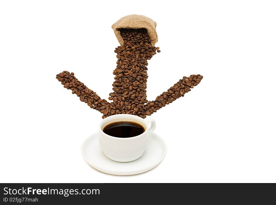 Cup from coffee on coffee grains isolated