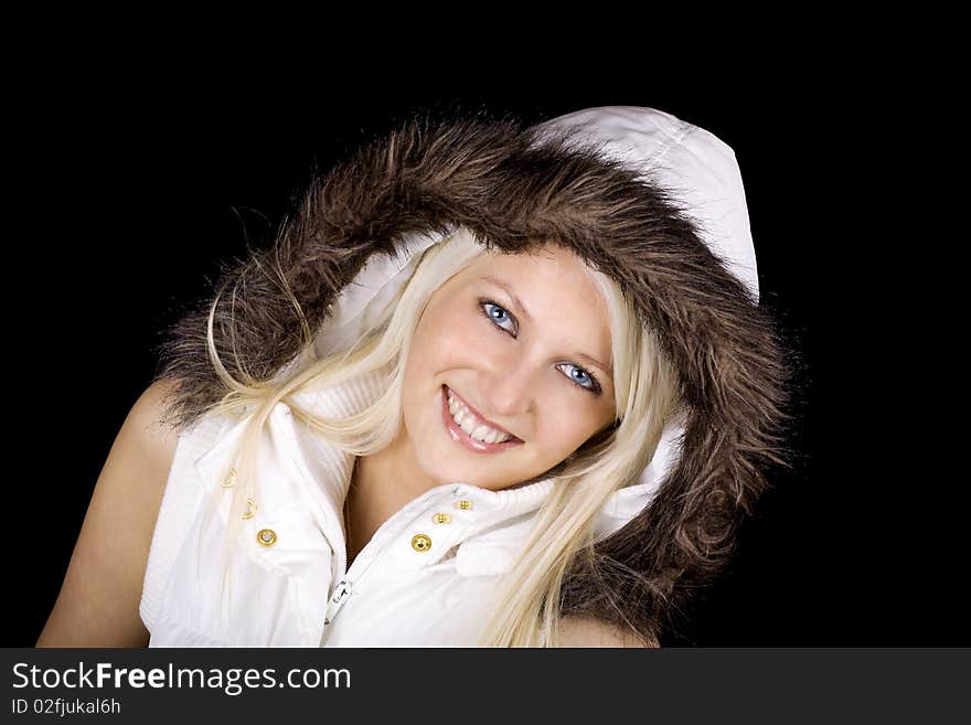 Woman with fur coat smiling