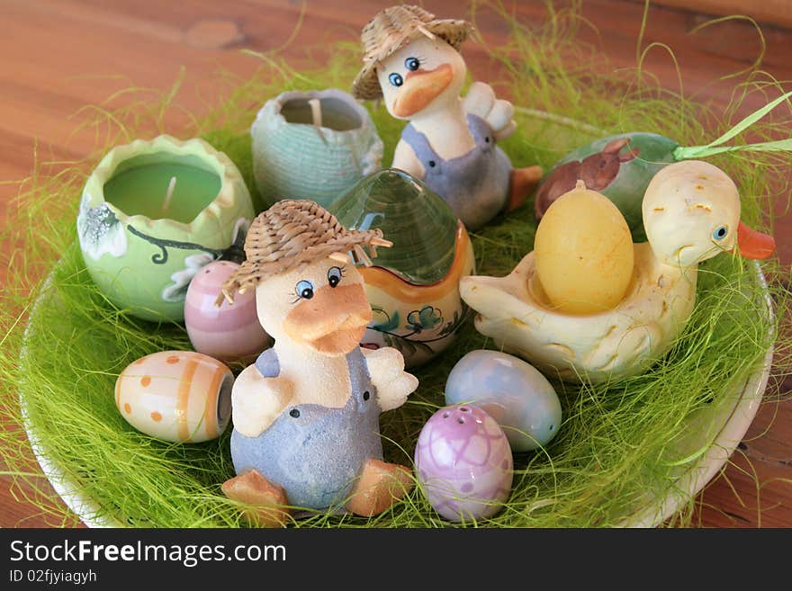 Set of Easter ornaments, with porcelain eggs, candles, etc. Set of Easter ornaments, with porcelain eggs, candles, etc.