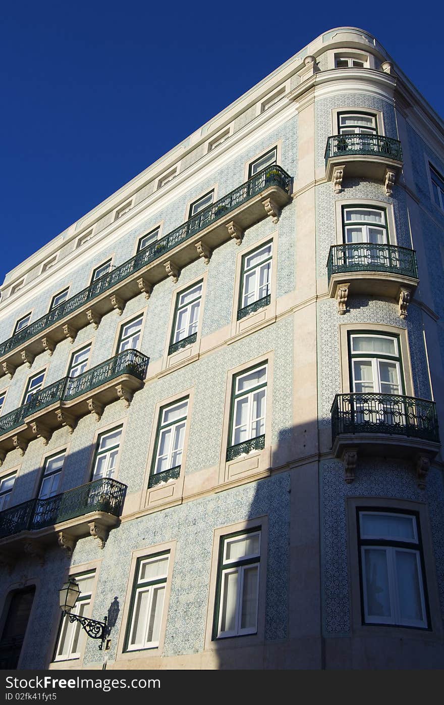 View from below of a classical building in Lisbon, Portugal