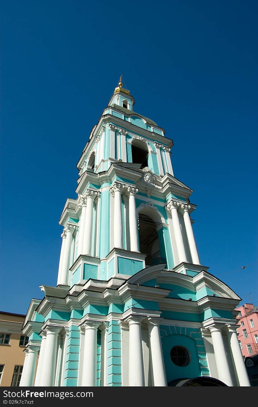 Belltower of church of the Trinity in Silversmiths in Moscow. Belltower of church of the Trinity in Silversmiths in Moscow.