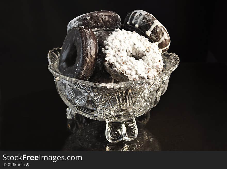 Donuts in a glass dish