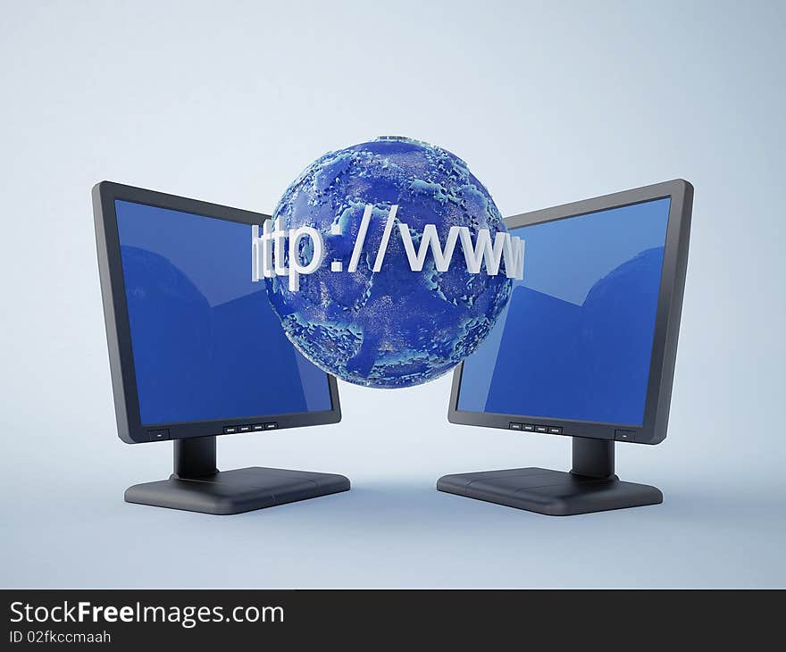 Monitors with blue earth and text