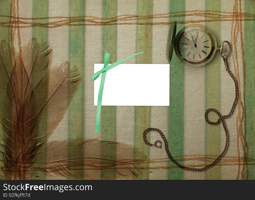 Green striped background with pen and watch