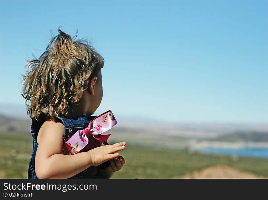 Back view of a girl on a hot, sunny day overlooking the lake in the distance. Back view of a girl on a hot, sunny day overlooking the lake in the distance.