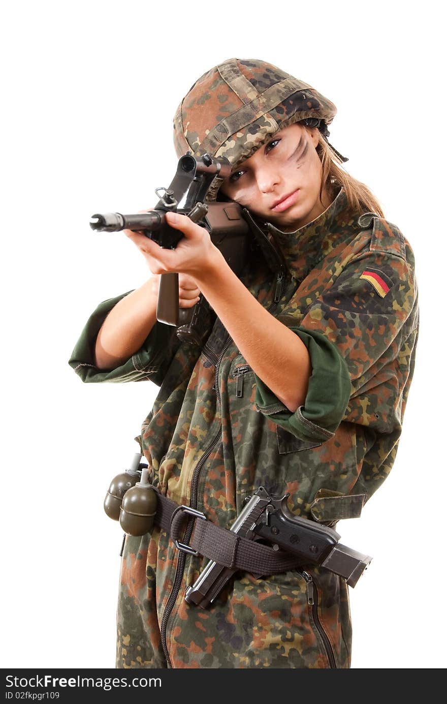 Military woman aiming isolated over white background