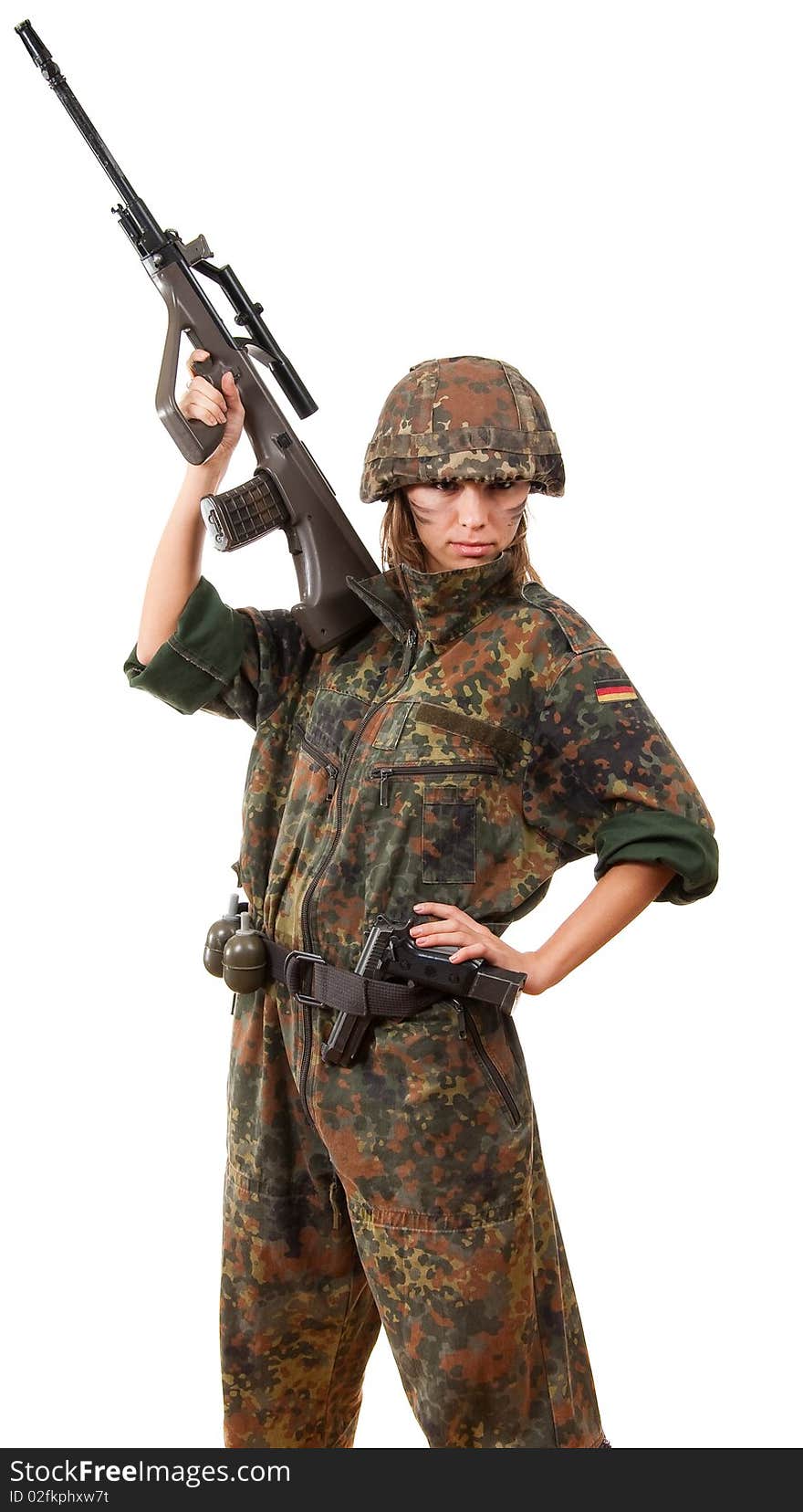 Military woman with  gun isolated over white background. Military woman with  gun isolated over white background