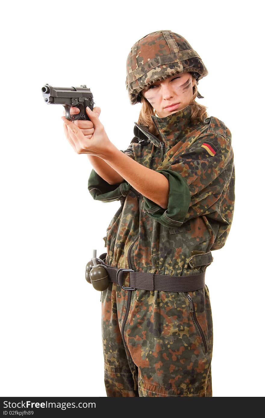 Military woman aiming isolated over white background