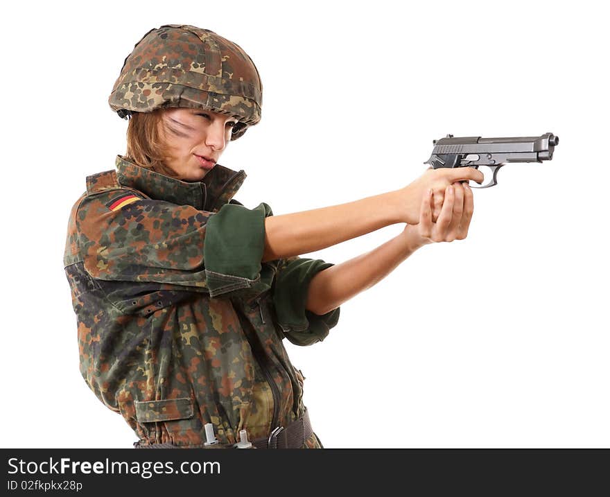 Military woman aiming isolated over white background