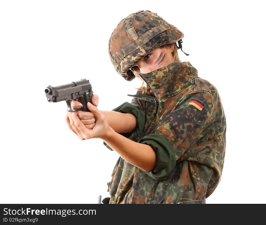 Military woman aiming isolated over white background